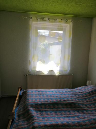 a bedroom with a bed and a window with a blanket at Ferienwohnung Kleine Seite 16 in Görlitz