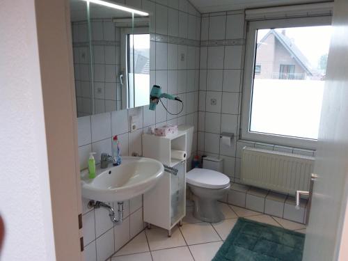 a bathroom with a sink and a toilet and a mirror at Ferienhaus Domus in Xanten