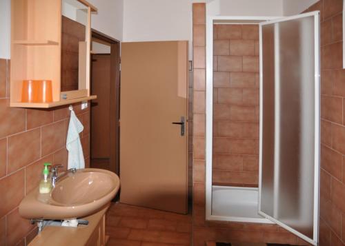 a bathroom with a sink and a shower at Penzion Zelinka in Kořenov