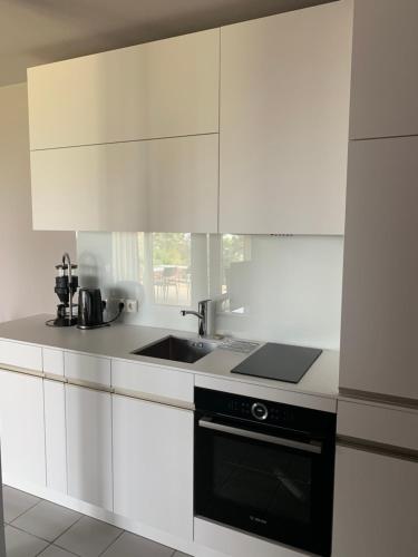cocina blanca con fregadero y fogones en Seeblick Appartement Henle, en Lochau