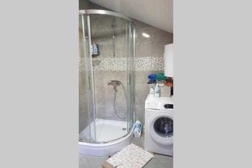 a shower in a bathroom with a washing machine at Apartment Mustapic - Perfect view, first row, possibility of fishing in Klek