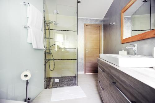 a bathroom with a sink and a glass shower at Feel Good Penthouse With Jacuzzi in Zadar