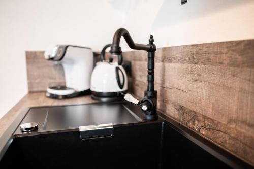 a kitchen counter with a sink with affeepot and a tea kettle at Haus am Wald in Bad Schandau