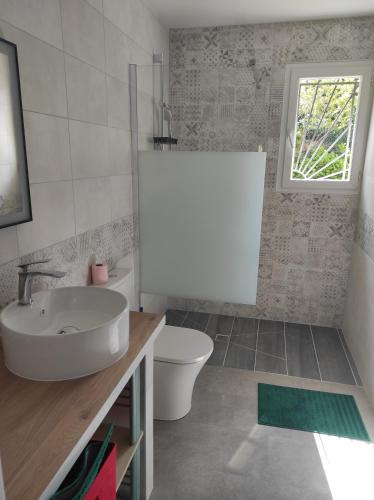 une salle de bain avec un lavabo et des toilettes et une fenêtre dans l'établissement appartement Anna, à Parentis-en-Born