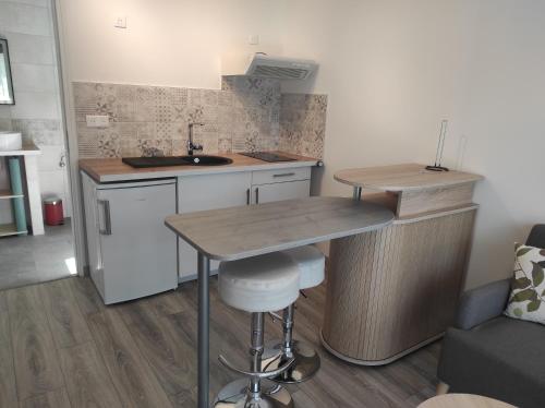 une petite cuisine avec un évier et un comptoir dans l'établissement appartement Anna, à Parentis-en-Born