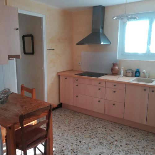 une cuisine avec une table, un évier et une cuisinière dans l'établissement les mésanges, à Chaffaut-Lagremuse