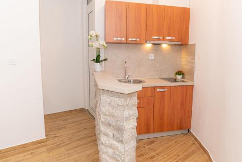 a kitchen with a counter with a sink and wooden cabinets at Guest House S-Lux in Petrovac na Moru