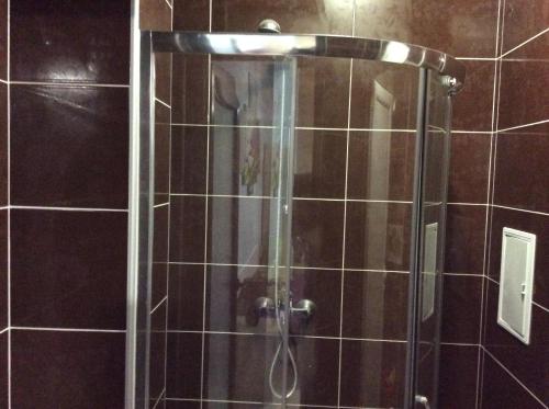 a shower with a glass door in a bathroom at Private apartments Stamopolu lux in Primorsko