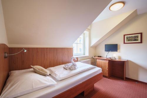 a bedroom with a bed and a desk with a tv at Francis SPA HOTEL in Františkovy Lázně