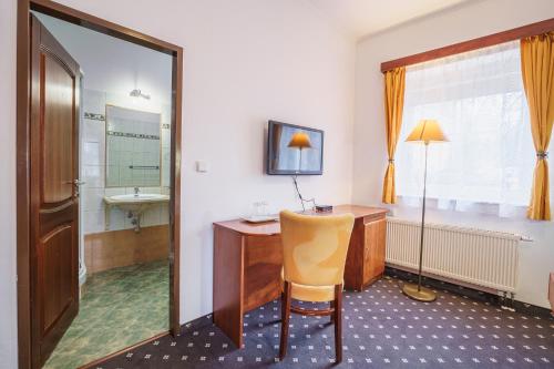 フランチシュコヴィ・ラーズニェにあるFrancis SPA HOTELのデスク、洗面台、鏡が備わる客室です。