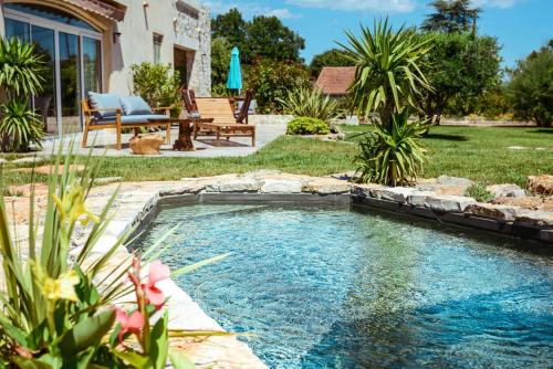 une piscine dans la cour d'une maison dans l'établissement Provence chic, piscine naturelle, détente spa - jacuzzi pour 2, à Besse-sur-Issole