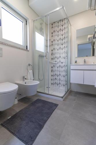 a bathroom with a shower and a toilet and a sink at Casa da Ponte Velha in Termas de Sao Pedro do Sul