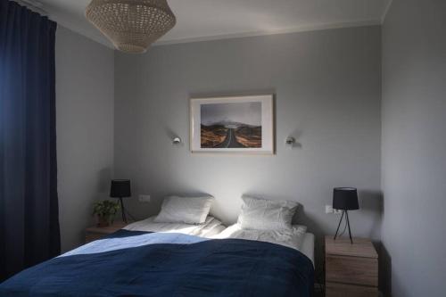Stylish apartment with 2 bedrooms في Eyrarbakki: غرفة نوم بسرير وصورة على الحائط