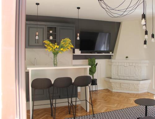 a kitchen with a bar with three stools and a television at Apartments Marković in Kotor