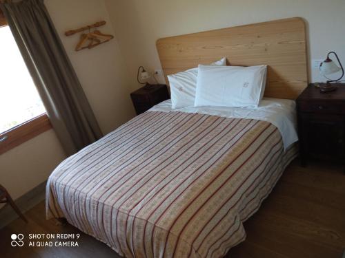 a bedroom with a bed with a striped blanket and a window at Le Lierre in Châtillon