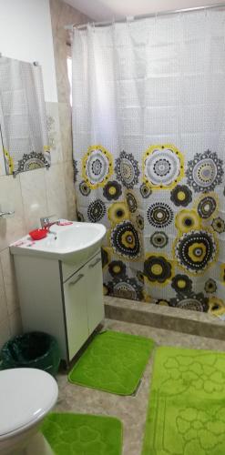 a bathroom with a sink and a shower with green rugs at Pensiune Piatra Mare in Nehoiu