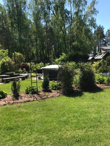 a garden with a tent in the background at Brīvdienu māja"Jauneglites" in Skulte