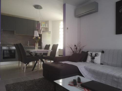 ein Wohnzimmer mit einem Sofa und einem Tisch in der Unterkunft Apartman Emanuel in Pula
