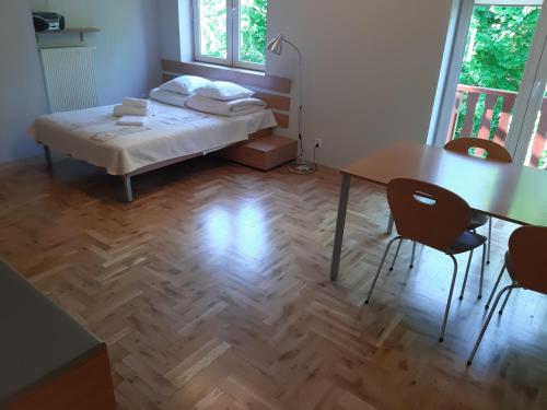 a bedroom with a bed and a table and chairs at Szczawnica Apartamenty nad Apteką in Szczawnica