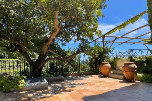 two large vases sitting next to a fence with a tree at L'Olearia Luxury Country Villa in Amalfi Coast in Maiori