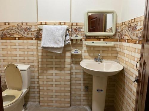 a bathroom with a sink and a toilet and a mirror at Hotel Continental in Islamabad