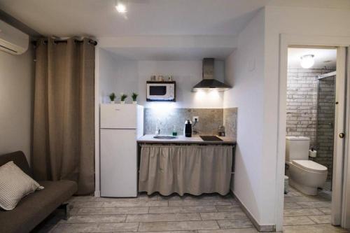 a small kitchen with a refrigerator and a microwave at Vivienda turística Lagarto de Jaén in Jaén