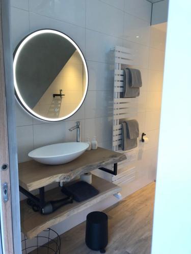 a bathroom with a sink and a mirror at B&B Onderderietenkap in Heerde