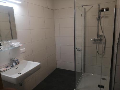a bathroom with a shower and a sink at Ferienhof Gindl und Gästehaus Gindl in Tauplitz