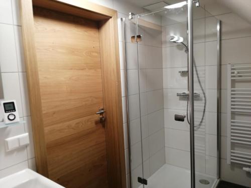 a bathroom with a shower and a wooden door at Ferienhof Gindl und Gästehaus Gindl in Tauplitz