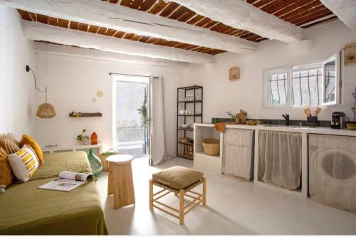 une cuisine et un salon avec un canapé et une table dans l'établissement Vieil Antibes, plage de sable, avec parking, à Antibes