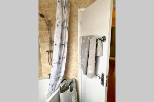 a bathroom with a shower and a white door at A beautiful modern home close to Central London in Goodmayes