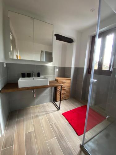 baño con lavabo y alfombra roja en Casa Diciotto, en Dolcedo