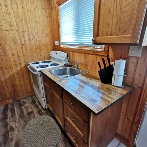 a small kitchen with a stove and a sink at Knotty Pine Cottages, Suites & Motel Rooms in Ingonish Beach