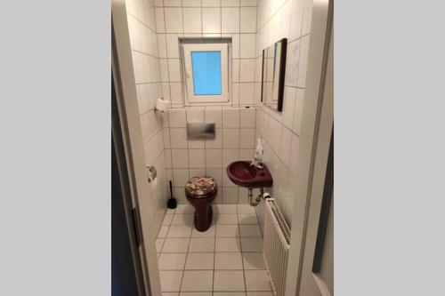 a small bathroom with a toilet and a sink at Ferienwohnung Ramona - idyllisch und charmant in Kirchdorf im Wald