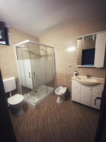a bathroom with a glass shower and a toilet and a sink at Casa Maria Dubova in Dubova