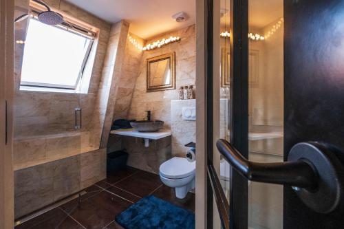 a bathroom with a toilet and a sink and a shower at Mylos Studios in Alkmaar