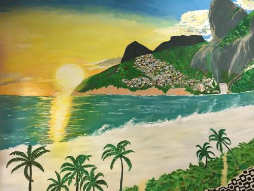 a painting of a beach with palm trees at Estância Verde in Valença