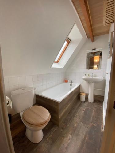 une salle de bain avec une baignoire, des toilettes et un lavabo dans l'établissement La Maison Sévigné - Appart Hôtel - N°7 Le Savoyard, à Béthune