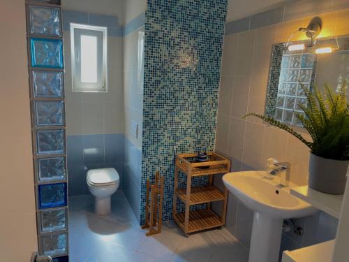 La salle de bains est pourvue d'un lavabo, de toilettes et d'une douche. dans l'établissement ELYSION, à Crikvenica
