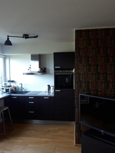 eine Küche mit schwarzen Schränken und schwarzen Geräten in der Unterkunft Panorama Apartment in Haapsalu