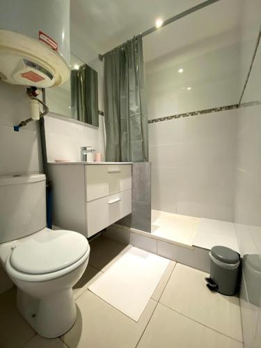 y baño blanco con aseo y ducha. en Joli studio rénové en bord de mer en Bormes-les-Mimosas