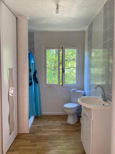 une salle de bain avec toilettes et lavabo dans l'établissement RIBES - Chalet Gîte au coeur de la nature, à Sournia
