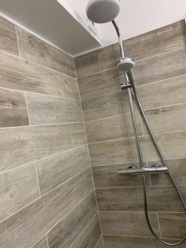 La salle de bains est pourvue d'une douche avec un pommeau de douche. dans l'établissement Le Prarion 2, aux Houches