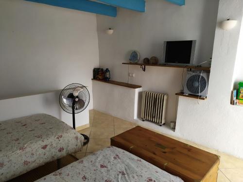a bedroom with a bed and a tv and a fan at Lo Blavet d'Alcanar in Alcanar
