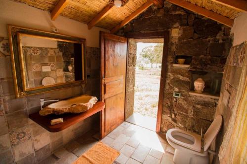 bagno con servizi igienici e parete in pietra di Pinnettu Ghilarza a Ghilarza