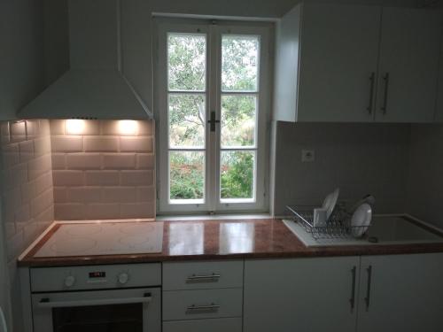 eine Küche mit einem Waschbecken und einem Fenster darin in der Unterkunft Dovolenkový dom priamo na brehu in Dunajská Streda