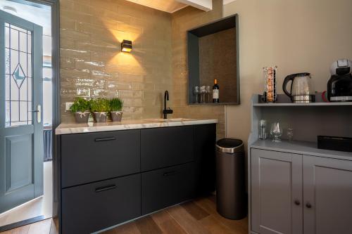 a kitchen with a sink and a counter at Guesthouse Het Gouden Eiland in Veendam