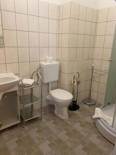 a bathroom with a white toilet and a sink at Pension Chevermeto in Chemnitz