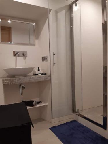 une salle de bain avec un lavabo et une douche en verre dans l'établissement Hypercentre Saint Tropez 3pièces, à Saint-Tropez