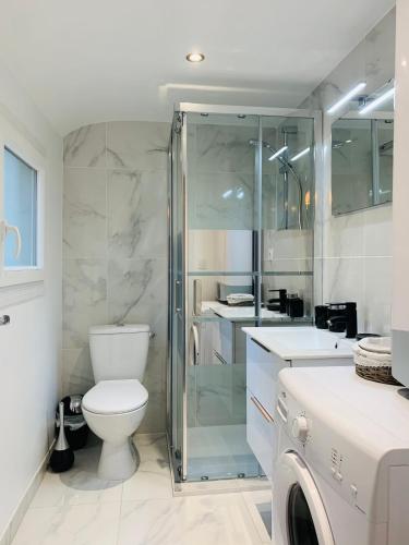 une salle de bain avec toilettes et douche en verre dans l'établissement Maisonnette en hyper centre d’Orléans, à Orléans